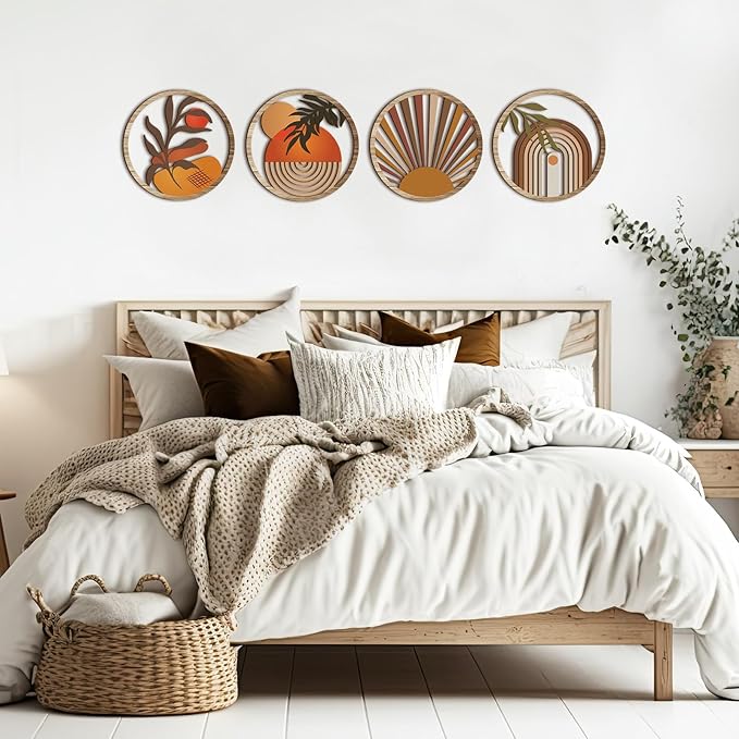 Qunclay 4 Pcs Boho Wall Art Bohemian Wooden Round Circle Wall Decor Hollow out Hanging Farmhouse Aesthetic for Bedroom Living Room Bathroom Bedroom Bathroom Patio Apartment Gift 10 Inch(Stylish)
