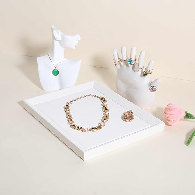 GemeShou Gemehou faux PU leather Jewelry Viewing Tray, Stackable Jewelry Plate, Rectangle Jewelry showcase, Empty Jewelry tray for Necklace Bracelet Ring Earring Watch (White-Medium, 11.8 x 9.1 in)
