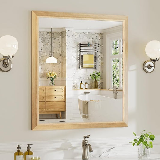 36x32 Inch Bathroom Mirror for Wall, Anti-Rust Oak Wood Grain Metal Framed Bathroom Mirrors for Over Sink,Rectangler Mirrors for Bathroom Vanity, Farmhouse, Bedroom, Living Room, Entryway Decor