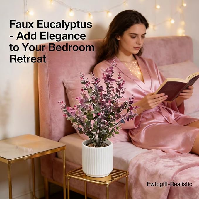 16.5" Artificial Eucalyptus Plant in White Ribbed Ceramic Pot Purple Faux Potted Greenery Tall Desk Plant for Home Office Shelf Table Bathroom Decor Maintenance Free