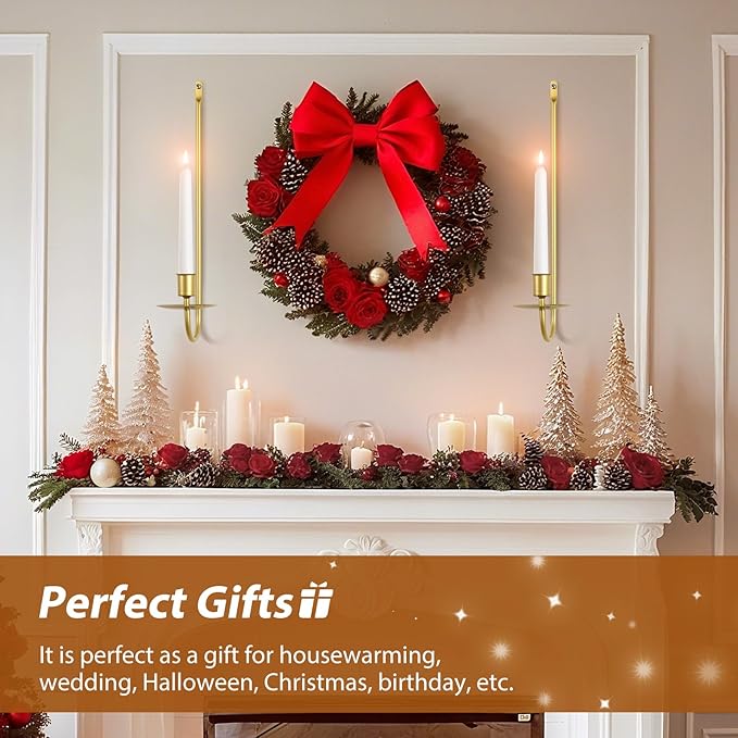 Gold Candle Sconces Set of 2, 13.2 Inch Taper & Pillar Wall Candle Holder, Wall Candle Sconces Set of Two, Decor for Entryway, Fireplace, Living Room, Gifts for Women Men