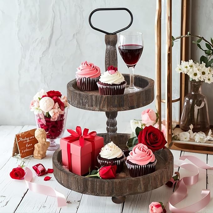 Farmhouse 2 Tiered Tray Stand for Home Decor, Wooden Serving Tray with Handle for Coffee Bar Table Centerpiece Round Seasonal Decorative Tiered Trays for Fruits, Desserts
