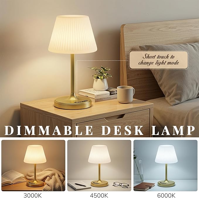 Cordless Table Lamp, Waterproof Shower Lamp, 4000mAh Rechargeable Table Lamps, 3-Color Dimmable Light, Battery Operated Lamp Desk Night Lamp for Bathroom Bedroom Patio Camping Restaurant (Gold)