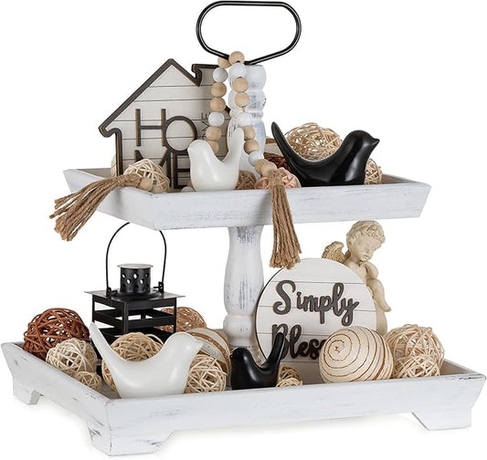Hanobe Tiered Tray for Table Decor: 2 Tier Serving Stand Farmhouse Decorative Tray for Coffee Bar Centerpiece Rectangle Wood Display Stands Kitchen Counter (Rustic White)