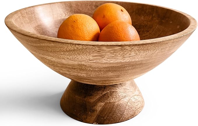 Brown Pedestal Bowl - 10 Inch, Wide Brown Footed Bowl as Fruit, Key, Decorative, Candy Holder or Centerpiece, Wooden Bowl Decorative for Kitchen, Dining Table & Modern Home Accessories