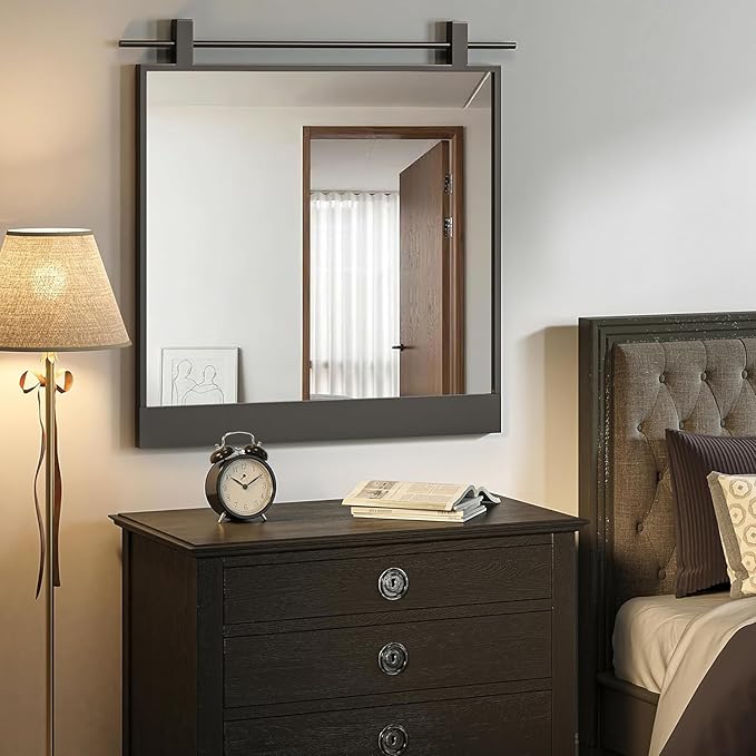 Black Bathroom Mirror 24" x 24" Square Matte Black Rustic Rectangle Metal Framed Barn Door Farmhouse Bathroom Vanity Mirror for Over Sink, Foyer Entryway Decor