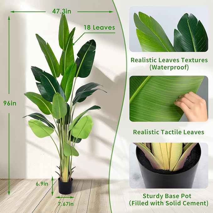 Artificial Bird of Paradise Plant 8Ft Fake Tropical Palm Tree with 18Trunks Faux Banana Leaf Trees in Pot for Home Indoor Outdoor Office Modern Decor Housewarming Gift（2Pcs）