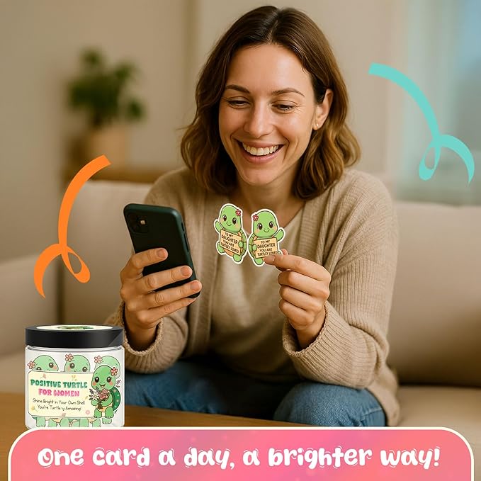 Positive Turtle Affirmation Jar for Women – 60 Daily Motivational Cards, Self Care & Encouragement Gift with Acrylic Keychain and Display Stand, Inspirational Message Jar for Positivity and Confidence