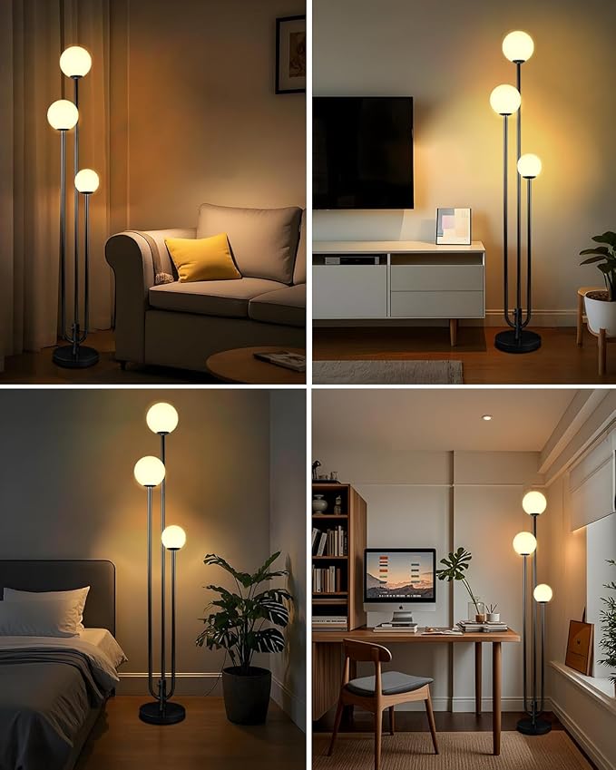 Lightdot 63IN Black Floor Lamp Dimmable with Candle Holder Style Mid Century Standing Lamps, 3000K Warm White Bulbs Included, Modern Globe Floor Lamp for Living Room/Bedroom/Sofa Beside/Corner Decor