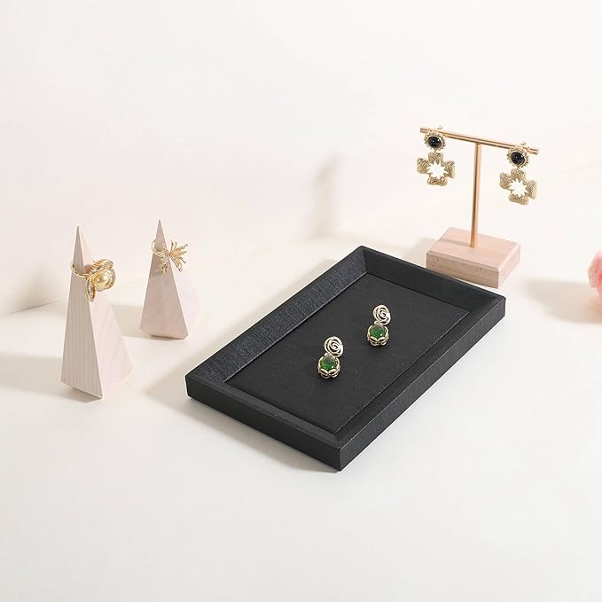 GemeShou Gemehou faux PU leather Jewelry Viewing Tray, Stackable Jewelry Plate, Rectangle Jewelry showcase, Empty Jewelry tray for Necklace Bracelet Ring Earring Watch (Black-Small, 9.1 x 5.9 in)