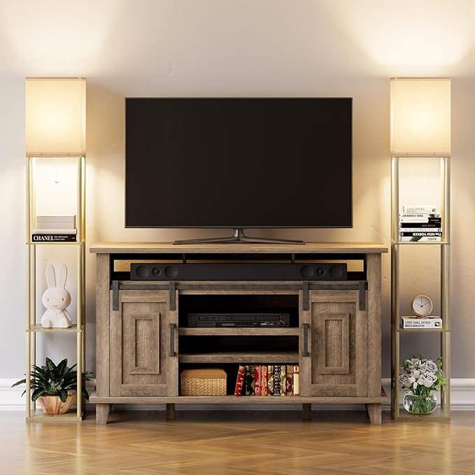 Floor Lamp with Shelves for Living Room Natural Wood, Shelf Floor Lamp with 3 CCT LED Bulb, Corner Display Standing Column Lamp Etagere Organizer Tower Nightstand with White Linen Shade for Bedroom