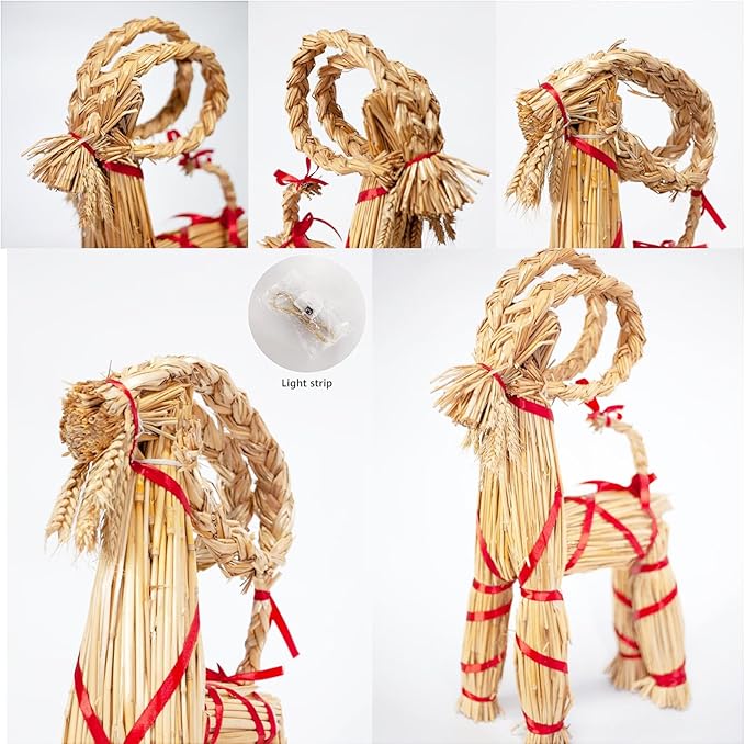 15.7" Lighted Christmas Straw Goat Home Decor Swedish Scandinavian Yule Style Decorative Handmade Ornaments with LED Light for Indoor Christmas Home Kitchen Bedroom Decor
