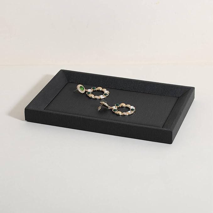 GemeShou Gemehou faux PU leather Jewelry Viewing Tray, Stackable Jewelry Plate, Rectangle Jewelry showcase, Empty Jewelry tray for Necklace Bracelet Ring Earring Watch (Black-Small, 9.1 x 5.9 in)