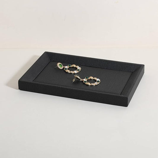 GemeShou Gemehou faux PU leather Jewelry Viewing Tray, Stackable Jewelry Plate, Rectangle Jewelry showcase, Empty Jewelry tray for Necklace Bracelet Ring Earring Watch (Black-Small, 9.1 x 5.9 in)