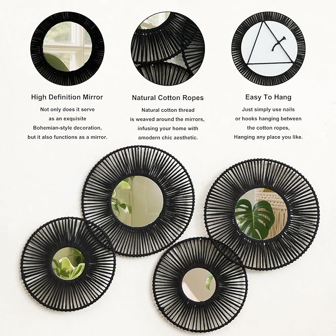 4 Pack Macrame Hanging Basket Wall Art - Decorative Woven Basket Boho Wall Hanging, Rustic Black Round Mirrors Natural Cotton Home Decor Set for Bedroom Living Room Nursery