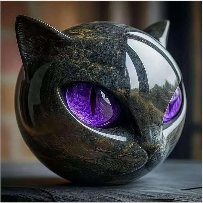 Luxury Black Cat Sculpture, Hand-Carved Crystal & Healing Stone Art Piece, Elegant Décor for Cat Lovers, Gift-Ready Memento for Home or Office, Purple