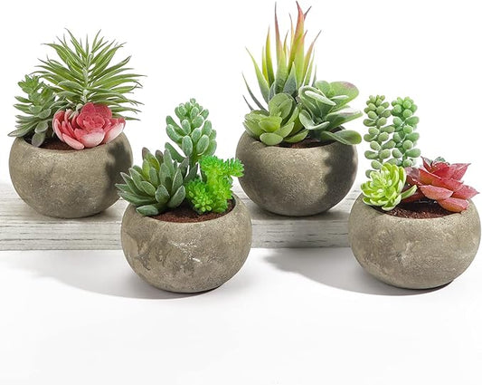 Succulents Plants Artificial 4 Pack, Mini Fake Succulents in Pots, Assorted Small Faux Succulent Decorative for Living Room Home Office Decor