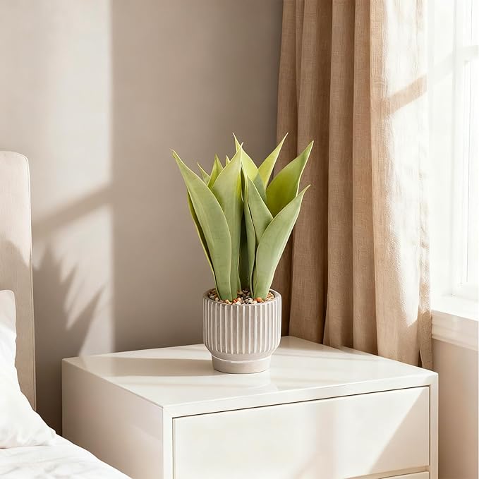 Artificial Realistic Snake Plant 16" in Concrete-Colored Pot Fake Snake Plants Sansevieria Greenery Faux Snake Plant for Home Office Living Room Housewarming Gifts Indoor Decor