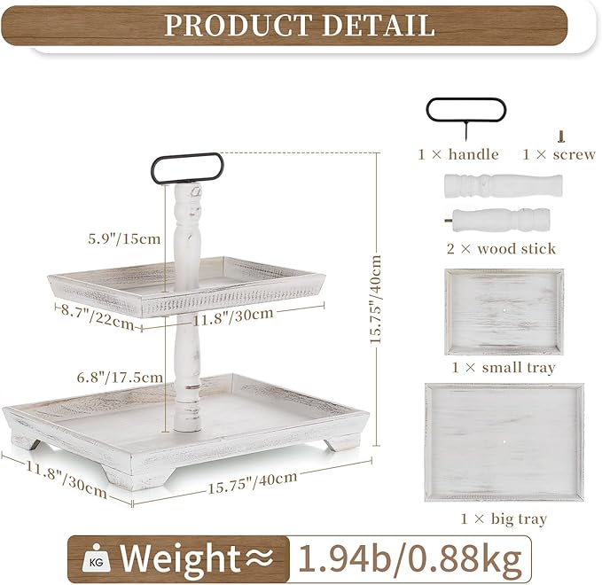 Hanobe Tiered Tray for Table Decor: Christmas 2 Tier Decorative Tray Stand for Coffee Bar - Large Rustic White Centerpiece Display Stands for Holiday - Wood for Kitchen Counter Decorations
