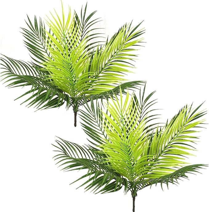 PASYOU Artificial Palm Tree, Plastic Plants Greenery Fake Tropical Shrubs Faux Big Leaves for Home Indoor Outdoor Garden DIY Basket Planter Filler Wedding Party Decoration UV Resistant - 2 Pack