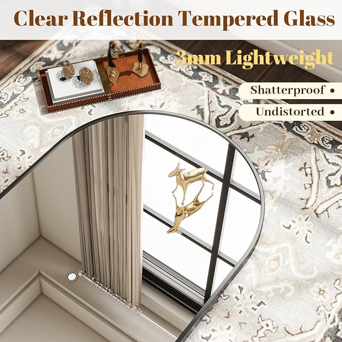 VooBang Wide Arched Wall Mirror, 31 x 32 inch Arch Bathroom Mirror, Wall Mounted Vanity Mirror with Arch Metal Frame, Modern Bathroom Vanity Mirror for Bedroom, Living Room, Hanging or Leaning, Black