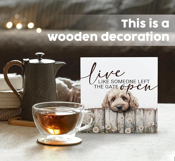 Goldendoodle Wooden Box Sign, Rustic Farmhouse Live Like Someone Left the Gate Open Signs for Home Decor,Farm Dog Office Kitchen Bedroom Decor,Goldendoodle Gifts for Kids Women Men,8x8