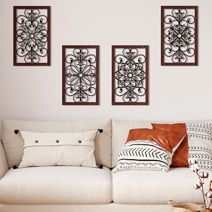 4 Pieces Thicken Rustic Wall Decor Modern Farmhouse Wooden Hollow Carved Design Wall Art for Living Room Bedroom Hallway Decor Office Kitchen Wall Decoration (Traditional Style)