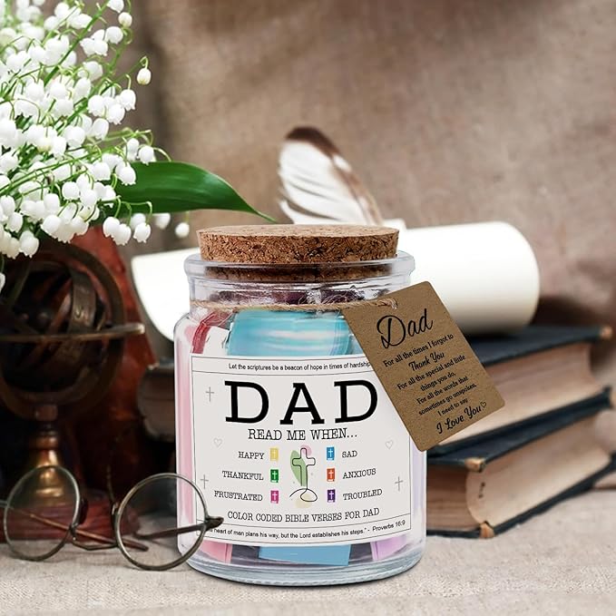 NewEleven Dad Gift, Christmas Gifts For Dad From Daughter, Son - New Dad Birthday Gift, Bible Verse Jar For Father - Decorative Glass Inspirational Scripture Jar with 92 Bible Verses