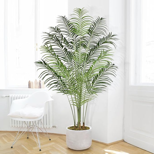 Artificial Palm Tree 6.5ft Tall Fake Palm Tree Indoor Decor with 18 Trunks and Real Bark Design Faux Tropical Areca Palm Silk Floor Plant in Pot for Home Office Living Room Bedroom Decor 1pcs