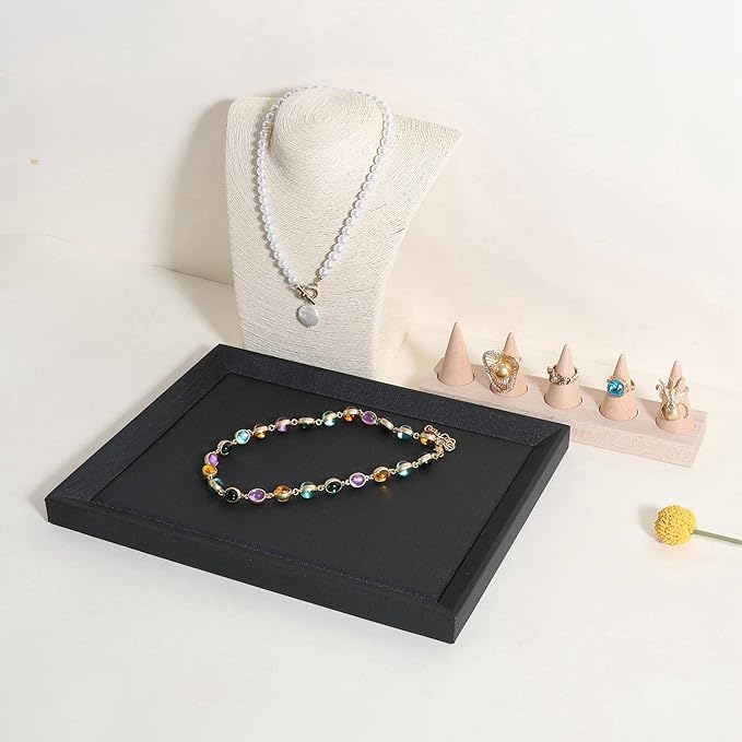 GemeShou Gemehou faux PU leather Jewelry Viewing Tray, Stackable Jewelry Plate, Rectangle Jewelry showcase, Empty Jewelry tray for Necklace Bracelet Ring Earring Watch (Black-Medium, 11.8 x 9.1 in)