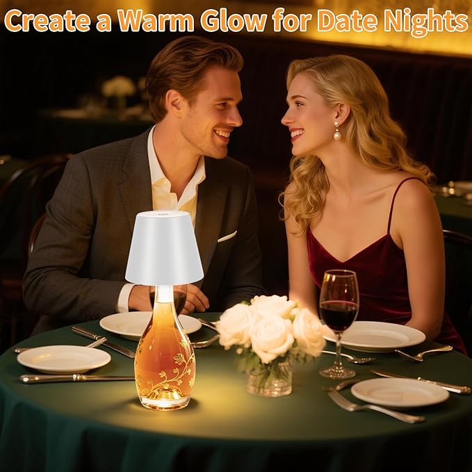 Rechargeable Wireless Bottle Lamp - 3 Color Stepless Dimmable, Metallic White Lampshade, 5H Bright Light or 48H Soft Glow,Ideal for Home Décor, Parties, Bar