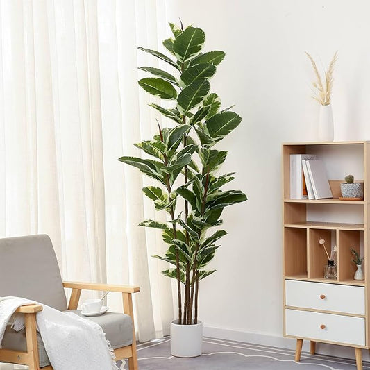 Artificial Rubber Tree Plant 6ft Tall Faux Ficus Tree Potted Fake Tropical Plants Decorative House Plants Large Floor Artificial Trees for Home Office Decor, Without The Pot