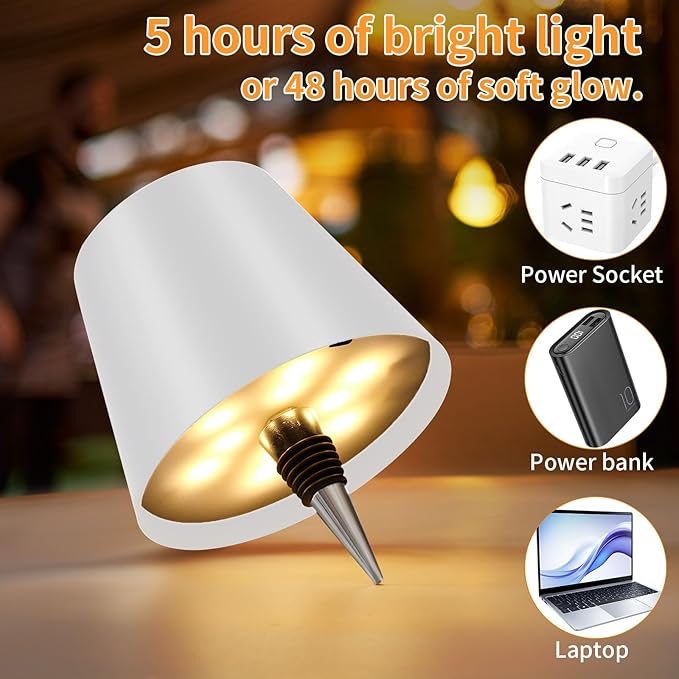 Rechargeable Wireless Bottle Lamp - 3 Color Stepless Dimmable, Metallic White Lampshade, 5H Bright Light or 48H Soft Glow,Ideal for Home Décor, Parties, Bar