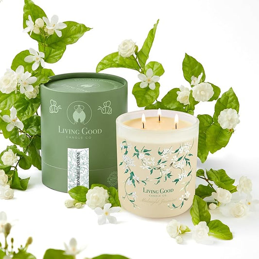Midnight Jasmine Beeswax Candle - Nostalgic Soft Jasmine with Pink Pepper & Vanilla - Subtle & Refreshing - 90+ Hours of Clean & Non-Toxic Burn - Hand-Drawn Jar - Perfect Unique Gift - 15 OZ