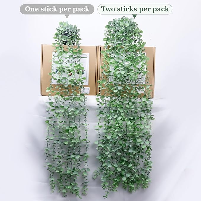 Artificial Hanging Plants for Shelf, Fake Potted Greenery 2-Pack Faux Eucalyptus Vine in Black Pot, Décor for Office Living Room Bathroom Indoor Outdoor