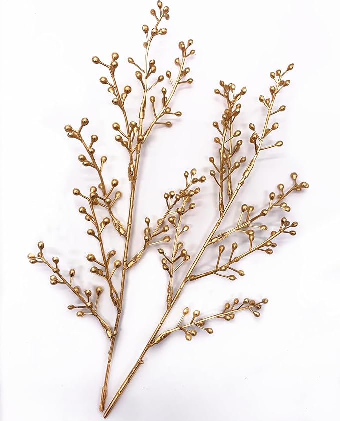 Artificial Golden Berry Stem Decorations, Fake Bead Sticks Picks Plastic Plants for Home Party Christmas Berries Stems Tree Ornaments Wreath Crafts DIY Gift Wedding Bouquet Xmas Decor Gold 6 Pcs