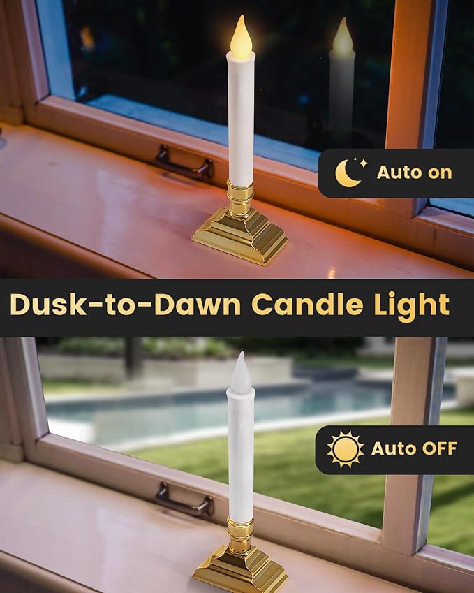 SURAIELEC 4 Pack Battery Operated Window Candles, Dusk-to-Dawn Window Lights with Removable Candle Holders, LED Flameless Candlesticks for Christmas Window, Mantel, Dining Table, Gloss Gold
