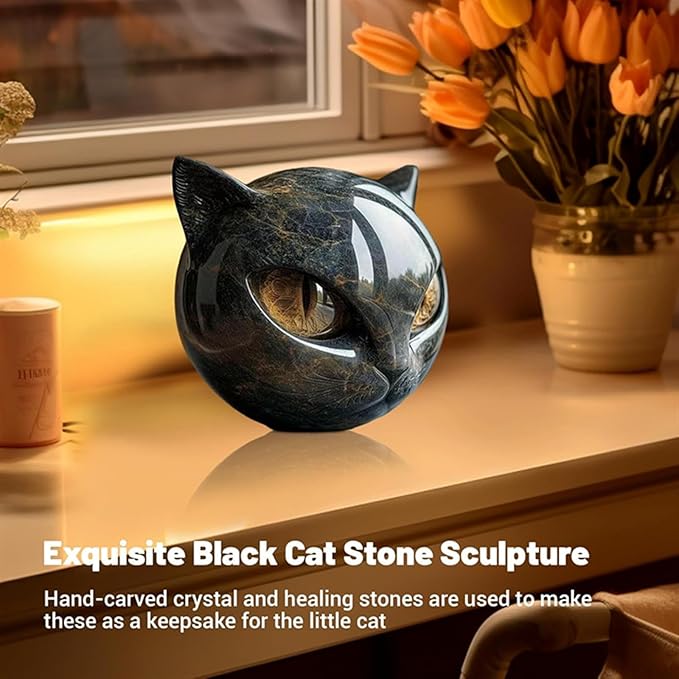 Luxury Black Cat Sculpture, Hand-Carved Crystal & Healing Stone Art Piece, Elegant Décor for Cat Lovers, Gift-Ready Memento for Home or Office, Red