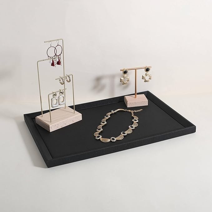 GemeShou Gemehou faux PU leather Jewelry Viewing Tray, Stackable Jewelry Plate, Rectangle Jewelry showcase, Empty Jewelry tray for Necklace Bracelet Ring Earring Watch (Black-Large, 17.7 x 11.8 in)