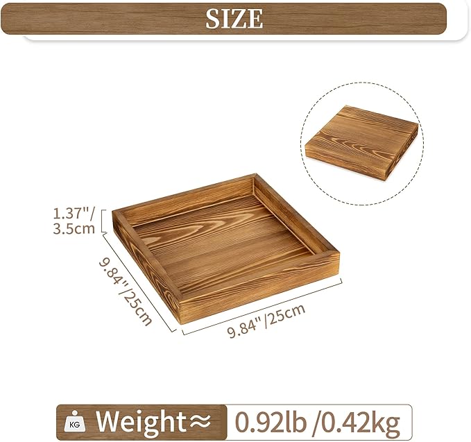 Hanobe Square Wooden Ottoman Tray: Small Square Torched Wood Farm House Serving Tray for Coffee Table Rustic Candle Organizer Storage for Remotes Keys Glasses 9.8