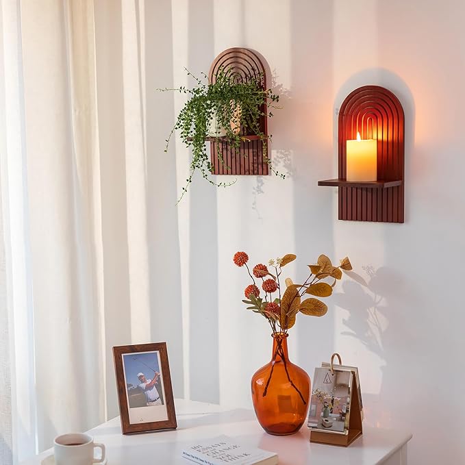 Mid Century Modern Candle Sconces: Set of 2 Walnut Boho Wall Candle Holder Decor for Living Room Fireplace - Arch Candle Shelf for Plants Pillars Candles