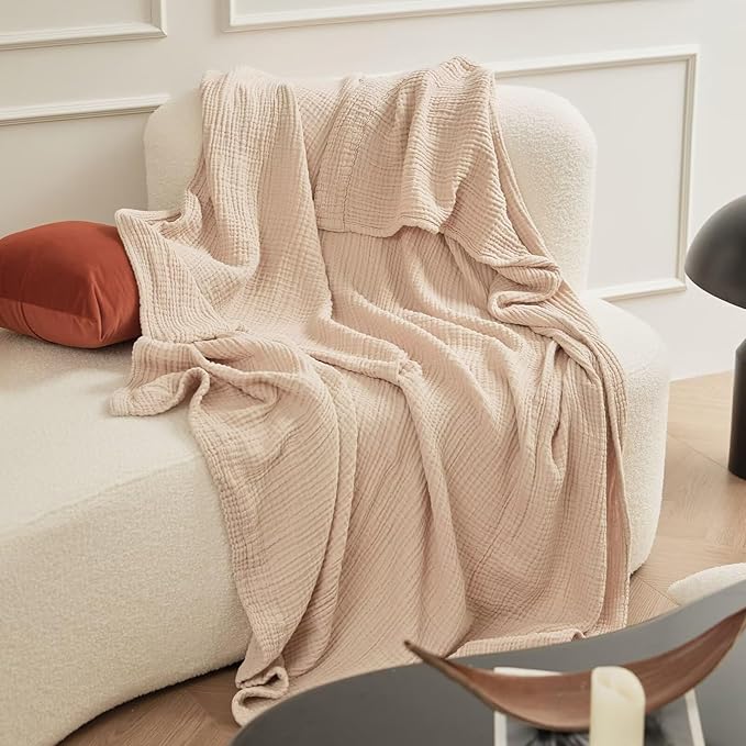 Pink 100% Cotton Throw Blanket 4-Layer Muslin for Couch Bed Living Room Bedroom Lightweight Breathable Airy Blanket for All Season Comfy Gauze Reversible Large Fall Blankets Gifts for Women