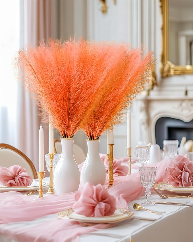 60pcs Orange Faux Pampas Grass Decor, 17.7inch Short Artificial Pompous Grass Fluffy Fall Fake Pompas Grass Branches Vase Filler Flower Arrangement for Home Wedding Boho Centerpieces Decor