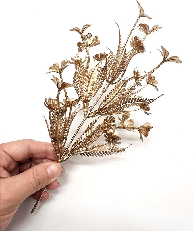 PASYOU Gold Fake Flowers Artificial Shrubs for Christmas Decor, Plastic Plants Faux Leaves Stems Grass Foliage Home Wreath Ornaments Party Hotel Wedding Event Gift DIY Tree Decoration Golden 10 Pack