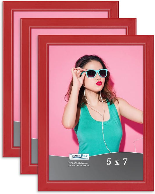 Icona Bay 5x7 Picture Frames (Red, 3 Pack), Colored Solid Wood Scandinavian Style Frames for Photo, Pizzazz Collection