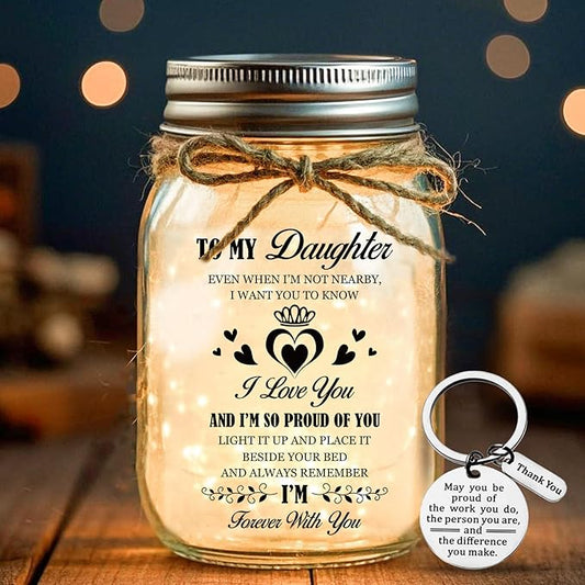 to My Daughter Mason Jar Night Light, Birthday Gifts for Daughter from Mom Dad, Daughters Gifts Ideas for Christmas, Daughters Mason Jar with Keychain Set for Home Decoration Night