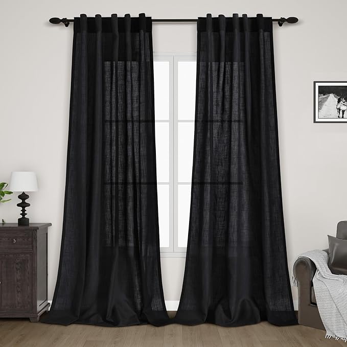 Nanspring Black Boho Curtains for Bedroom Back Tab Rod Pocket Semi Sheer Linen Curtains 90 Inches Long 2 Panel Set Light Filtering Neutral Farmhouse Lightweight Drapes for Living Room 40x90 Inches