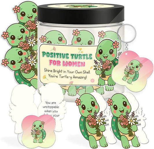 Positive Turtle Affirmation Jar for Women – 60 Daily Motivational Cards, Self Care & Encouragement Gift with Acrylic Keychain and Display Stand, Inspirational Message Jar for Positivity and Confidence
