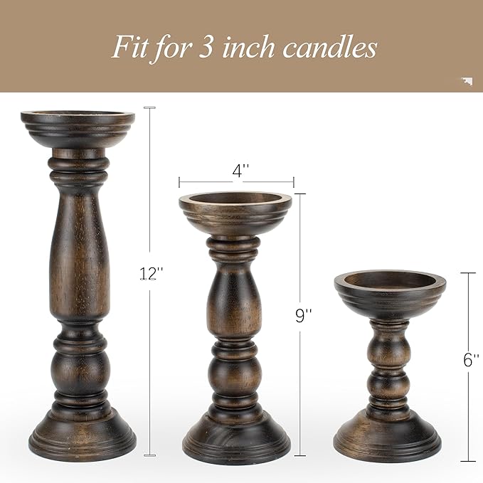 Farmhouse Wooden Candle Holders for Pillar Candles Set of 3, Rustic Wood Candle Holder Table Centerpiece Decor, 12'' 9'' 6'' Vintage Tall Candle Stand Decorative, Dark Brown