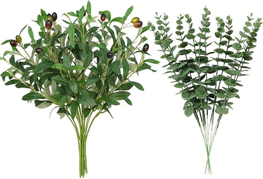 16Pcs Faux Olive Branches&Eucalyptus Branches,BUZIGUBY 18''Artificial Olive Stems 15''Eucalyptus Stems,Perfect Greenery for Vase,Centerpieces,Spring Decor,Home Decoration for Dining Room&Living Room